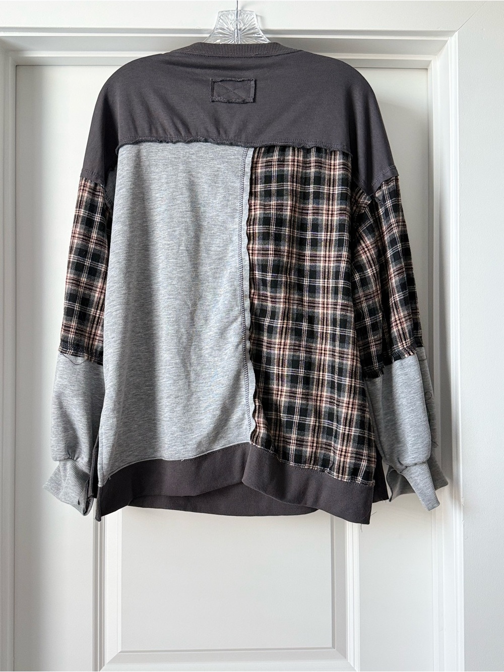 Vintage Patchwork Plaid & Gray Mixed-Media Flannel Sweatshirt Longsleeve shirt